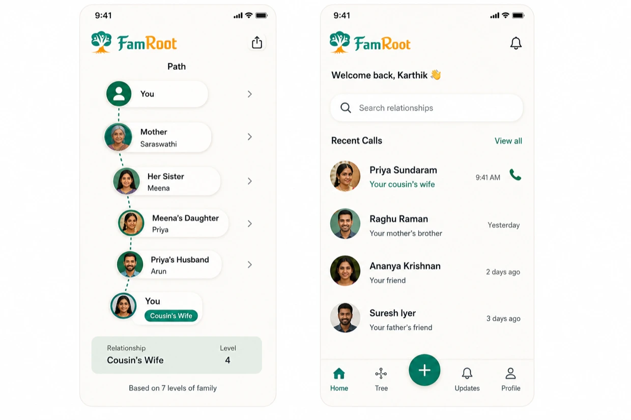 Two FamRoot screens: the relationship path from You through Mother, Her Sister Meena, Meena's Daughter Priya and Priya's Husband — resolving to 'Cousin's Wife · Level 4'; and a recent-calls list where every caller is labelled by relationship